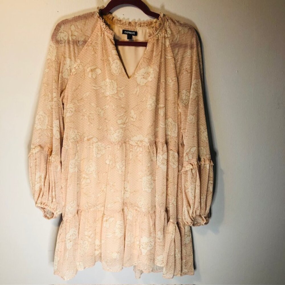 Romantic Express Long Sleeve Floral Print Midi Dress (Light Pink) Size M